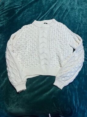 White Cable Knit Cropped Sweater - Women